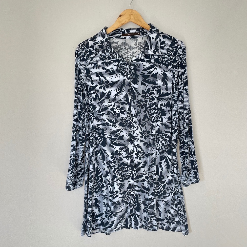 HAZEL Women’s XL Blue Floral Print Button Front Long Sleeve Shirt Dress Tunic